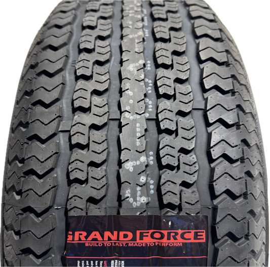 ST 205/75R15 5x5 Lug Load Range D Grandforce Radial Trailer Tire on Spoke Wheel