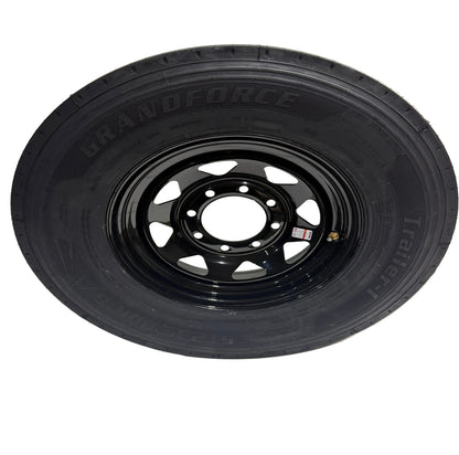 ST 235/80R16 8x6.5 Lug Load Range G  Grandforce Radial Trailer Tire on Spoke Wheel