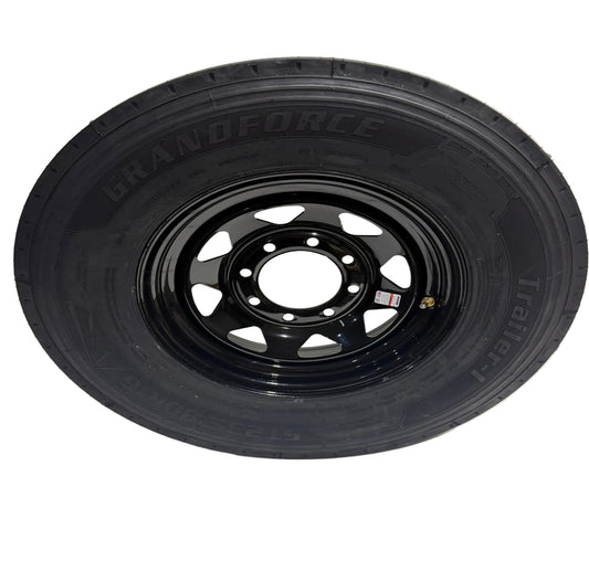 ST 235/80R16 8x6.5 Lug Load Range G  Grandforce Radial Trailer Tire on Spoke Wheel